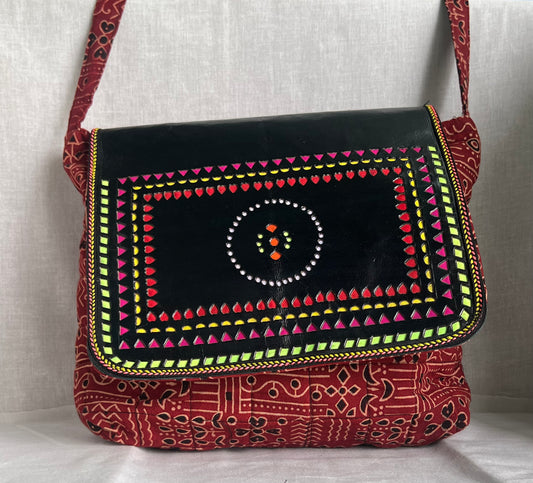 Kutch Leather -Ajrak cotton- Sling Bag- Big
